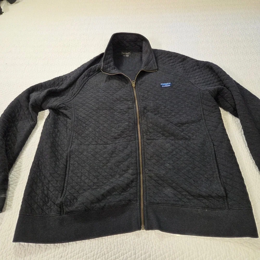 LL Bean Mens XL Quilted Full‎ Zip Sweatshirt Mock Neck Charcoal Gray Traditional